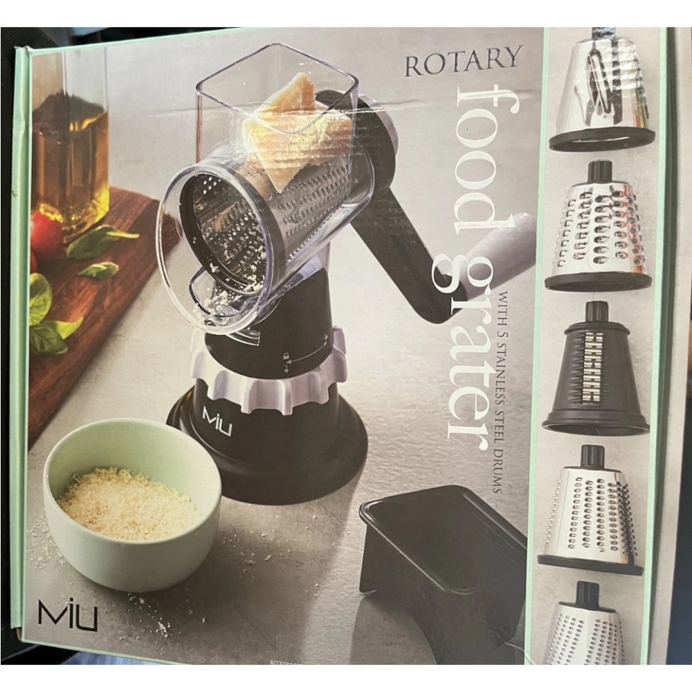 Miu Rotary Food Grater - Black and Silver. 5 drum. New in Box.